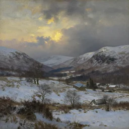 a beautiful oil painting of a Scottish Highland winter landscape, evening light, by john constable, beautiful light, detailed, dramatic
