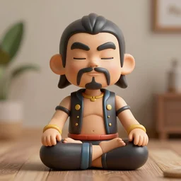 a sculpture of luchador with comically large heads and hands sitting in meditation in a calm relaxing environment, product photography, highly realistic, award winning toy design, ambient occlusion, digital art,