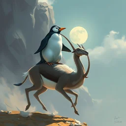 penguin riding on top of a gazelle, trending on artstation