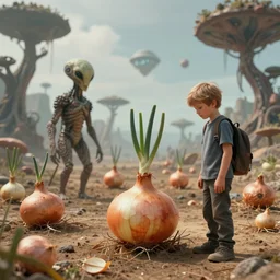 photo of a favourite nephew on an alien planet where a humanoid species are evolved from onions, there are strange trees in the background