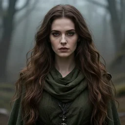 an ethereal high witch with long beautiful brown hair, in a dark olive green cowl, dark aesthetic