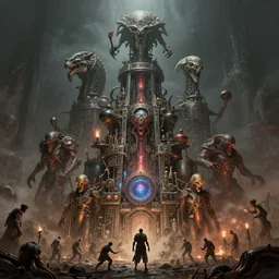 inks of 4 character, tiered flayed god machines, cluster tiered heirarchy, battle chaos, mainframe hydrocracking battles, medical emotion, meds, dystopian, by wayne d barlowe, h r giger, simon bisley & boris vallejo, enric torres, hyper realism, narrative light, muted colors, epic, hyper detailed, awe inspiring, award winning horror, torch