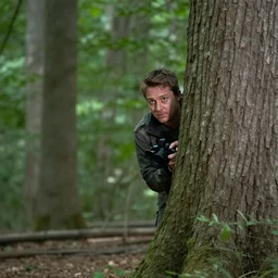 in a forest, shia labeouf, expertly hiding behind a bolder, sneaking around looking at the camrea, at lest 6 feet away