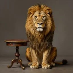 a lion sitting an antique table, a detailed matte painting by vladimir kush, cgsociety, furry art, airbrush art, detailed painting, matte painting