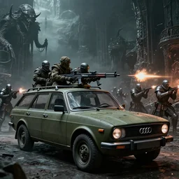 Armored and Armed Military Audi 80 B3 Avant (1988) with a mounted M249 with soldiers on, Dark Souls 3, Eldritch Horrors, Wretched and Corrupted Knights, Battle, Fight, gunshots fired, a grim fantasy, Anor Londo, dramatic lighting, cinematic, establishing shot, extremely high detail, photorealistic, cinematic lighting, artstation, by simon stalenhag