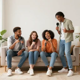 four people of various races joking with microphone in living room, epic pose, silhouetted, distinct, digital art, vaporwave, psychedelic, surreal, trending on Artstation, professional artist, detailed, 4k