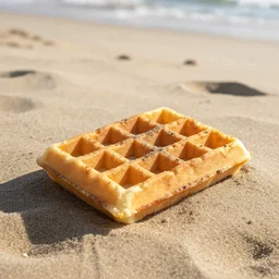 an eggo waffle in the sand on the beach in san diego. sigma 5 5 mm. a bit of sand on the waffle. beautiful lighting