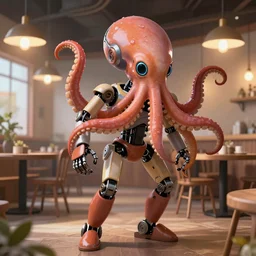 character artstation robot with octopus head in cafe dynamic lighting
