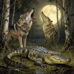 Chimera with crocodile body and wolf head in a birch tree swamp howling at a yellowish full moon, realistic, intricate, highly detailed, ornate, trending on artstation