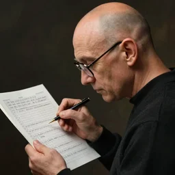 photograph of bald man with big ears and glasses. He is checking off boxes on a paper form