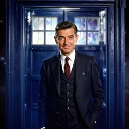 dslr photo portrait still of mr bean as doctor who in front of a nebula through the open door of the tardis, 8 k, 8 5 mm f 1. 4