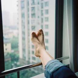 woman with her feet on window of high rise condo. Raining outside. Cinestill 800t.