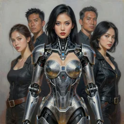 portrait of indonesian woman wearing cybernetic power armor. steel overbust corset. intricate painting by ross tran, magali villeneuve, and jeremy mann.