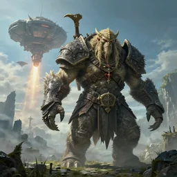 highly detailed elden ring portrait photo of a huge golurk. a massive spaceship lifts off in the background in a scenic dystopian environment, hyperrealistic illustration by william didier - pouget