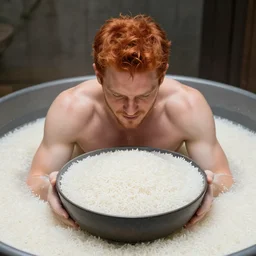 ginger haired man bathing in a large bowl of white rice