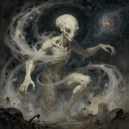 a shapeless extraterrestrial anunnakimade of space and time, weaving dust of predetermination and a state of utter confusion across the universe, muted colors, fantasy illustration, digital art