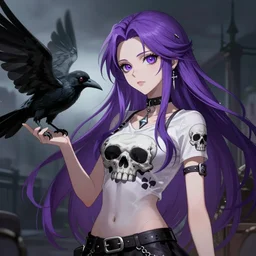 skinny goth girl with long purple hair and skulls on her shirt standing next to a crow, pokemon anime art style, ultra detail