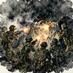 concept art of armed militia group hiding behind cover while under gunfire, jakub rozalski, dark colours, watercolored, dieselpunk inspiration