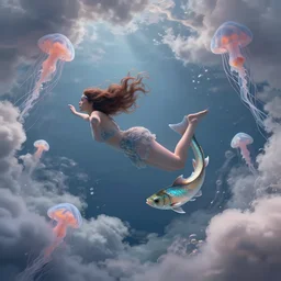 a mix between a woman and a fish, diving in the air rounded by jelly clouds made by Stanley Artgerm Lau, WLOP, Rossdraws, ArtStation, CGSociety, concept art, cgsociety, octane render, trending on artstation, artstationHD, artstationHQ, unreal engine, 4k, 8k,