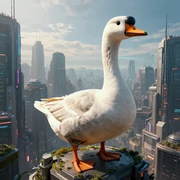 giant cybernetic goose overlooks dystopian cyberpunk city, cinematic, movie still, photorealistic rendering, octane, volumetric lighting
