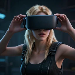 a beautiful blonde girl trapped in virtual reality, futuristic, cyberpunk, 3 d rendered, 3 d rendering, dramatic lighting, dark theme, hdr, unreal engine 5, crazy realistic