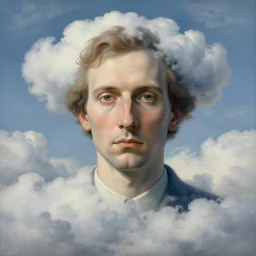 portrait of a man made out of clouds, by rene magritte, detailed painting, hd, hq, high resolution, high detail, 4 k, 8 k
