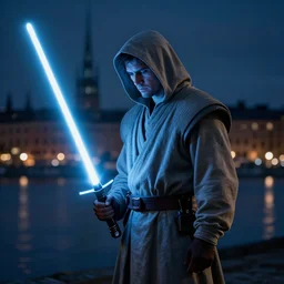 lone jedi looking down on Stockholm, night, lightsaber, trending on artstation, hd, wlop, octane render, HDRI, atmospheric