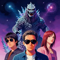 godzilla with sunglasses in front of the camera by inio asano, beeple and james jean, aya takano color style, 8 k, super detailed, night sky, digital art, digital painting, celestial, majestic, colorful, front