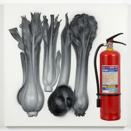 grey vegetables, charcoal, fire extinguisher, black burnt cotton, neo - expressionism, surrealism, acrylic and spray paint and oilstick on canvas