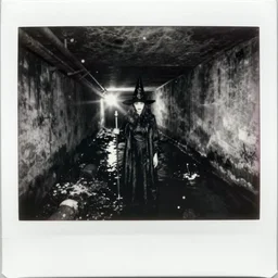 an anamorphic witch on an underground long sewer with toxic waste all around and black water, blair witch, black and white 1 9 5 0 polaroid photography with flash light, grainy film, flash light,