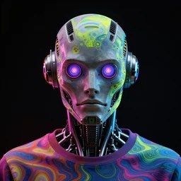 hyperdetailed portrait of a futuristic atompunk robot head, 8 k, symetrical, flourescent colors, halluzinogenic, multicolored tshirt art, black background