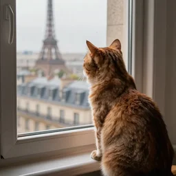 a brown cat is watching Paris from a very high window. We are watching behind that cat. We can see people walking on early 20th century Paris. There are also horse cartridges on the street. It´s a rainy day.