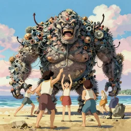 memorable animation key shot, illustration, paper texture, men taming a giant golem covered in fishing wire, hooks and barnacles at the beach, by mandy jurgens, by satoshi kon, ilya repin, lena aenami, shinji kimura, daylight pastel color palette, vibrant