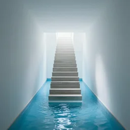 liminal staircase in the middle of a long hallway, shallow blue water
