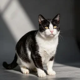 a tortoise shell cat colored black and white, photo of a cat