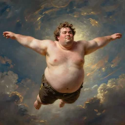 overweight man flying in the sky, majestic