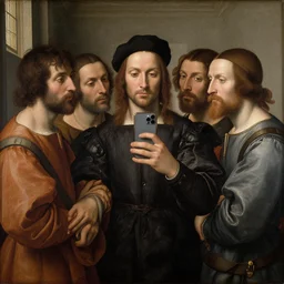 Renaissance painting of people taking selfies with their iphone