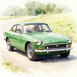 a watercolor painting of a racing green 1 9 7 0 mgb gt