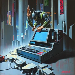 1 9 8 9 nes commodore 6 4 box art. gits cyberpunk. artgerm. coherent. keith parkinson. oil on canvas