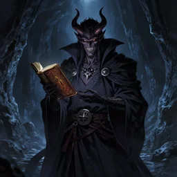 an epic, ominous dark mage demon hybrid who is holding a mythical spell tome, anime art, a vast, dark cave