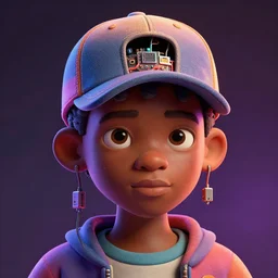 colourful vfx portrait - art of an african boy wearing a baseball cap with wires and computer chips dangling from its inside, art by james jean, volumetric light, dramatic lighting, ray tracing, digital painting, digital illustration, claymation style, unreal engine render, sharp, intricate detail, behance, artstation, pinterest,