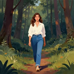 centre portrait of a girl with white shirt and blue jeans, long brown hair, walking through forest!!, late evening, symmetry, retro 8 0 s style, colourful, accurate, realistic illustration, art by peter elson