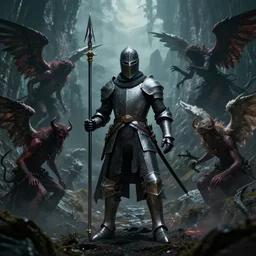 valiant knight commiting vilanous acts inside a magical mountain pass, doom and gloom, devils and angels on his sides