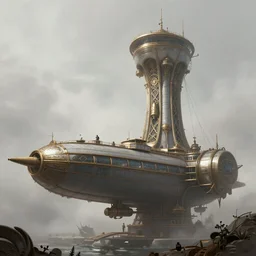 wide view of a steampunk airship docking with a tall tower, fog, volumetric lighting, intricate, elegant, highly detailed, digital painting, artstation, concept art, smooth, sharp focus, art nouveau, art by syd mead and john berkey