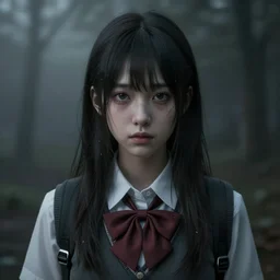 school girl portrait, gloomy and foggy atmosphere, octane render, cgsociety, artstation trending, horror scene, highly detailded