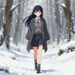 full - body anime girl by davinci walking through very scenic snowy forest, upper - body beautiful extremely detailed illustration, stunning face and eyes, pretty, by tomoyuki yamasaki, kyoto studio pixiv gelbooru danbooru