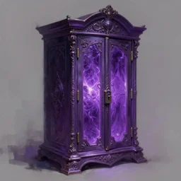 a locked ornate magical cupboard in centre with glowing aura seeping out of the seems, dark purple tone, intricate, highly detailed, digital painting, loose brush strokes, realistic shaded lighting, artstation, concept art, smooth, sharp focus, illustration, realism, oil painting, unreal engine 5, 8 k