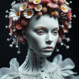 beautiful porcelain ivory fair face woman, close - up, sharp focus, studio light, biomechanical cyborg, iris van herpen haute couture headdress made of rhizomorphs, daisies, brackets, colorful corals, fractal mushrooms, puffballs, octane render, ultra sharp, 8 k