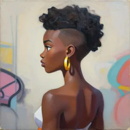 greg manchess portrait painting of african yorha type a no. 2 as african tracy from overwatch, back shot, asymmetrical, profile picture, organic painting, sunny day, matte painting, bold shapes, hard edges, street art, trending on artstation, by huang guangjian and gil elvgren and sachin teng