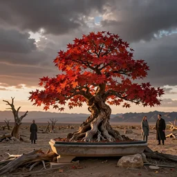 a fantasy landscape by rocha, andreas, red autumn maple bonsai in a barren death valley landscape, cloudy sunset, by brian froud and jessica rossier and hr giger